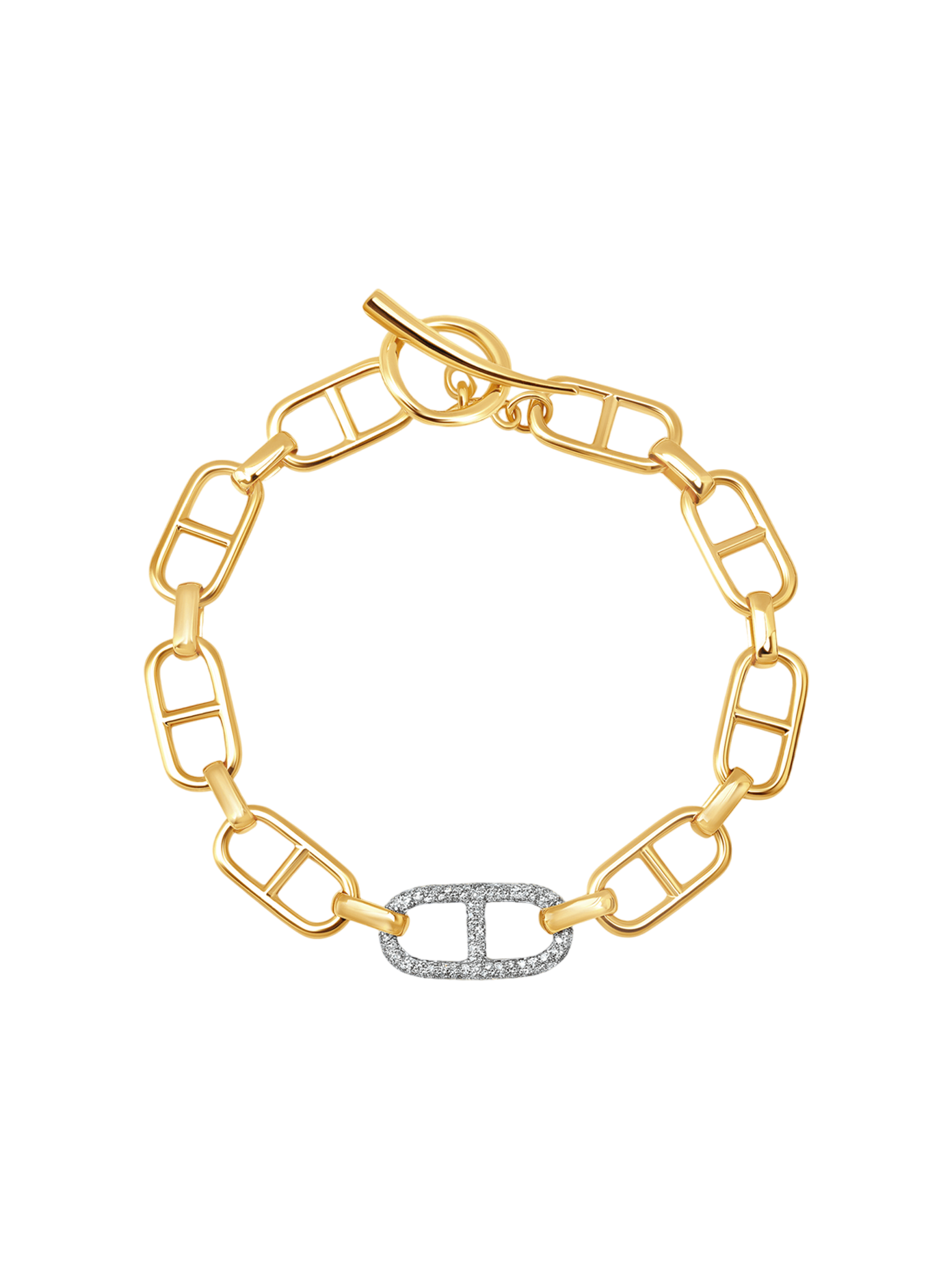 Stirrup chain bracelet with pave stirrup link and tusk clasp